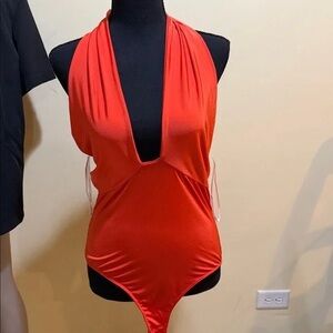 Red Plunge Halter One-Piece Bodysuit